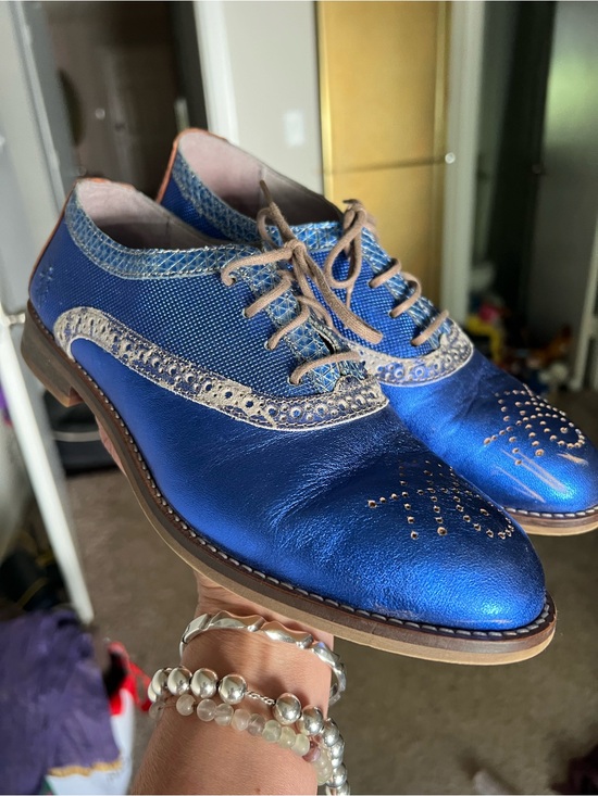 Fly London Shoes - Fly London Metallic Blue Wingtip Oxfords
